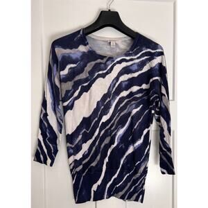 Chicos Womens Tunic Sweater Blue Stripe Long Sleeve Scoop Neck Pullover SMALL